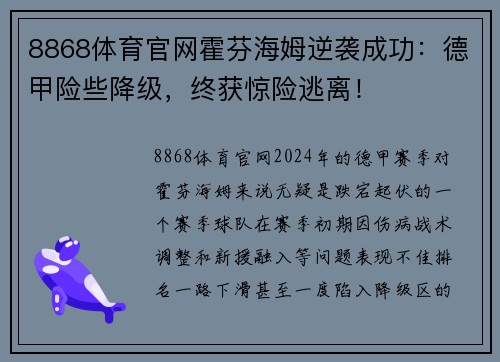 8868体育官网霍芬海姆逆袭成功：德甲险些降级，终获惊险逃离！